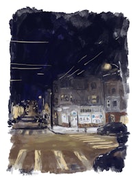 a watercolor painting of a street at night