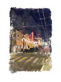 a watercolor painting of a city street at night