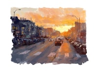 a painting of a city street at sunset