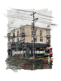 a sketch of a building in the rain