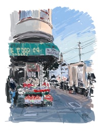 a sketch of a fruit stand in san francisco
